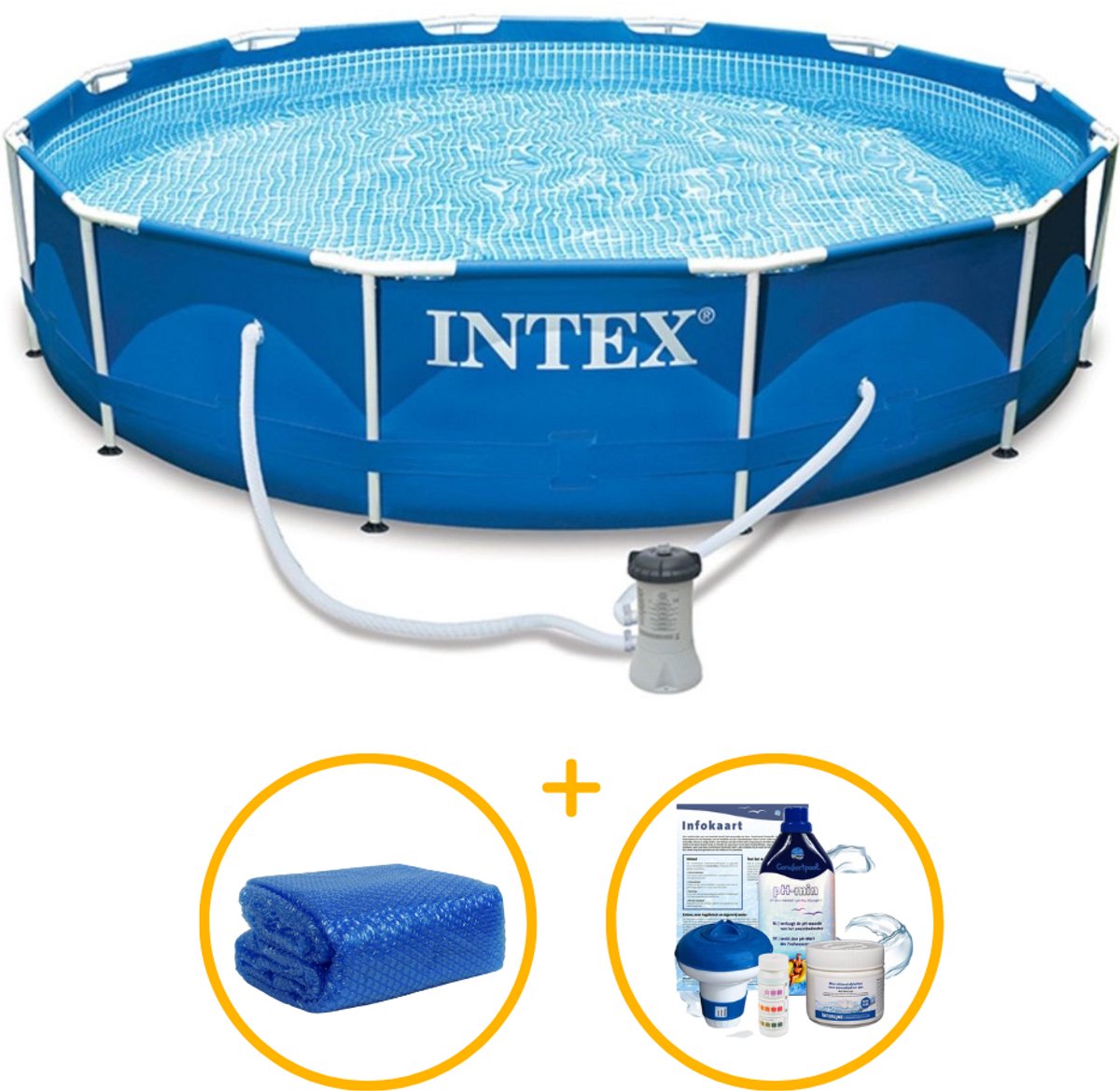   zwembad 366 x 76 | Metal Frame met filterpomp | Rond | Zwembadpakket | Solar afdekzeil | Chloorpakket